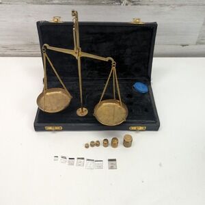 Vintage Brass Apothecary Scale Set with Weights in Case India 805 Gold Tone